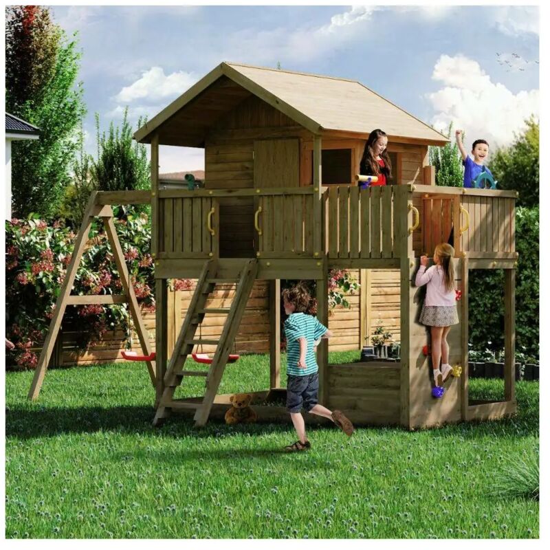 foto del prodotto thegoodgarden casetta da giardino per bambini in legno fungoo galaxy sunshine doppia altalene e arrampicata