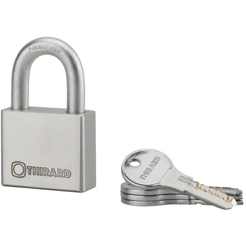 foto del prodotto thirard lucchetto a chiave rinox, 50 mm, acciaio inossidabile, esterno, arco in acciaio inox, 4 chiavi