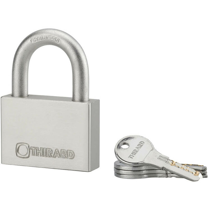 foto del prodotto thirard lucchetto a chiave rinox, 70 mm, acciaio inossidabile, esterno, arco in acciaio inox, 4 chiavi