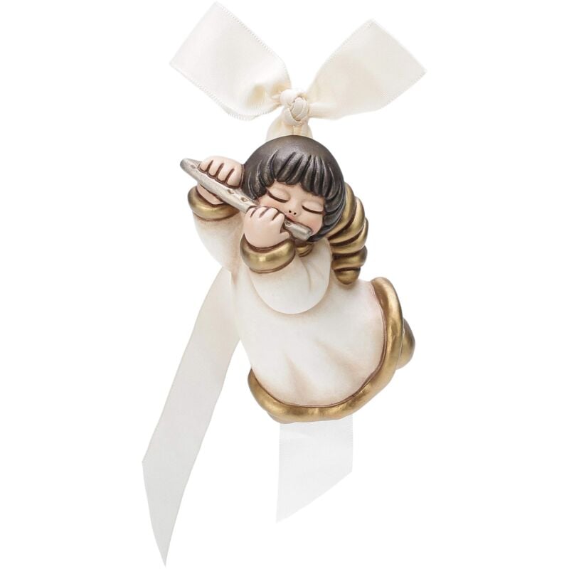 foto del prodotto thun - angelo da parete con flauto - formella con fiocco bianco - ceramica - linea i classici