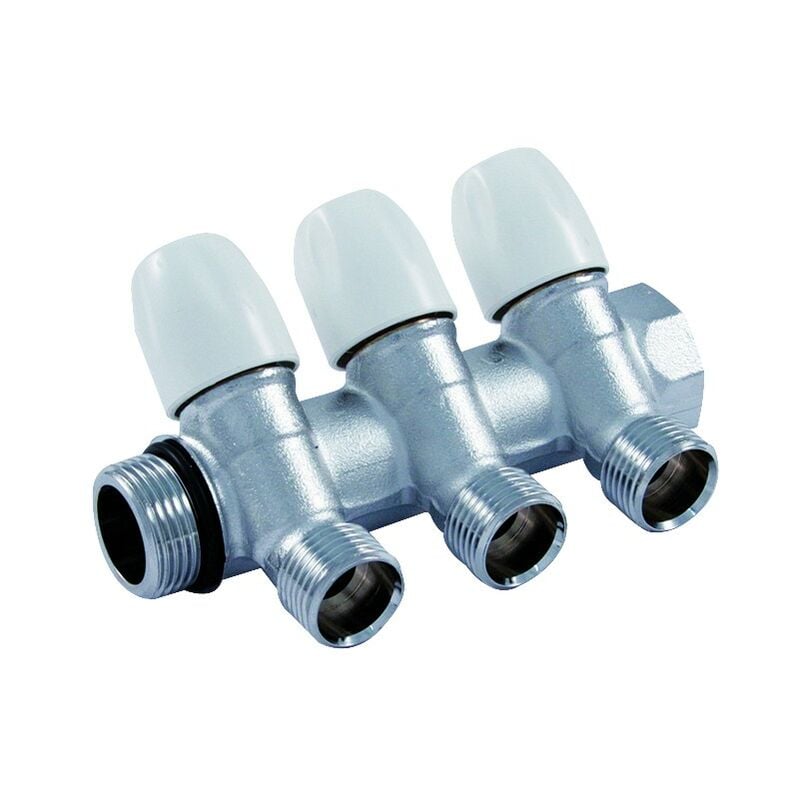 foto del prodotto tiemme - collettore lineare in ottone cromato modello maxima con rubinetto d'arresto 3 4'x1 2' 3 vie raccorderie spa