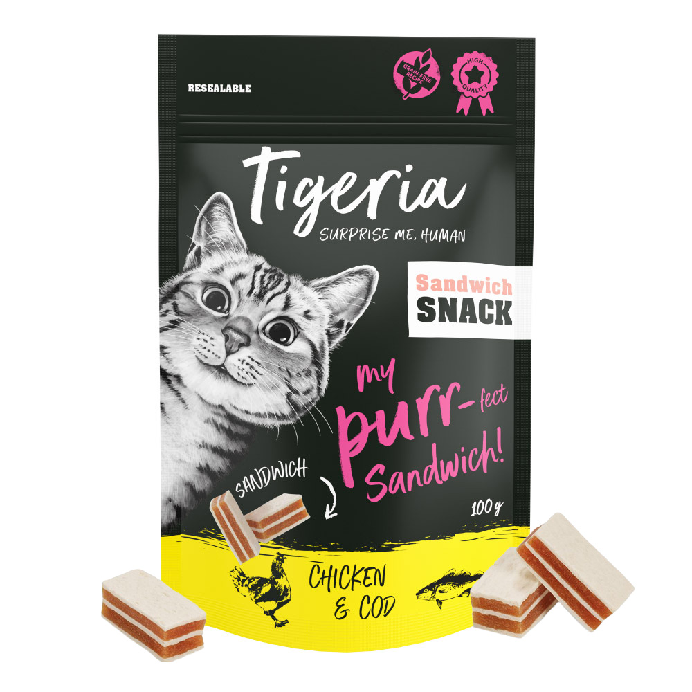 foto del prodotto tigeria sandwich pollo merluzzo snack per gatti 100 g