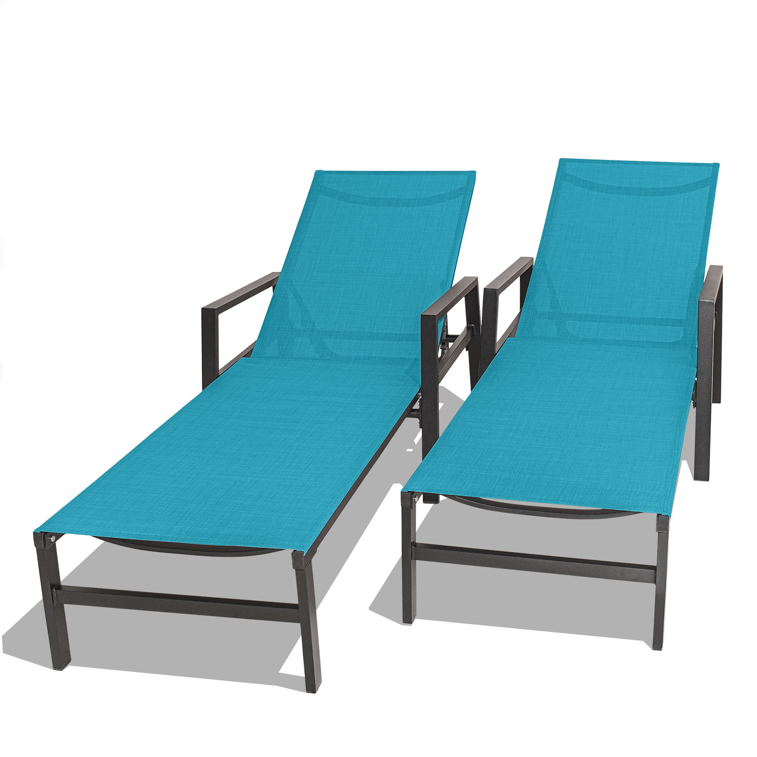 foto del prodotto tigri - set di 2 lettini da giardino in alluminio e textilene. lettini prendisole di design con braccioli e schienale regolabile in 5 posizioni turchese