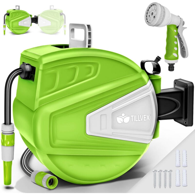 foto del prodotto tillvex avvolgitubo da giardino 20 2m verde avvolgitubo da parete e tubo da giardino girevole di 180 scatola con avvolgitubo automatico