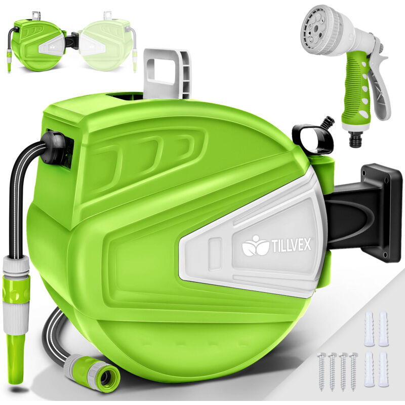 foto del prodotto tillvex avvolgitubo da giardino 30 2m verde avvolgitubo da parete e tubo da giardino girevole di 180 scatola con avvolgitubo automatico