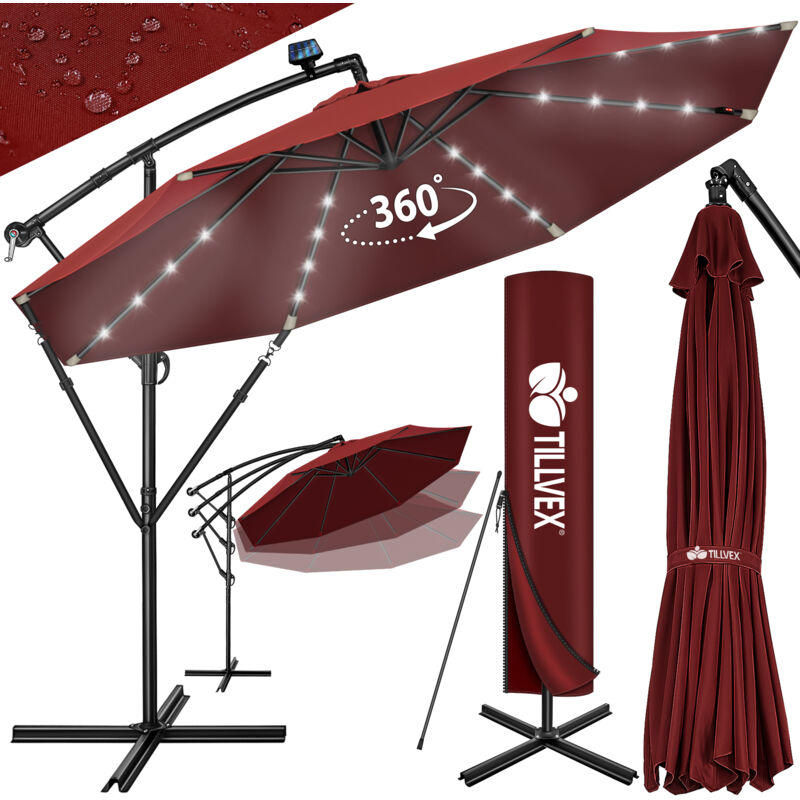 foto del prodotto tillvex ombrellone in alluminio rosso con led solar 300 cm con manovella ombrellone con interruttore on off e base ombrellone da giardino in