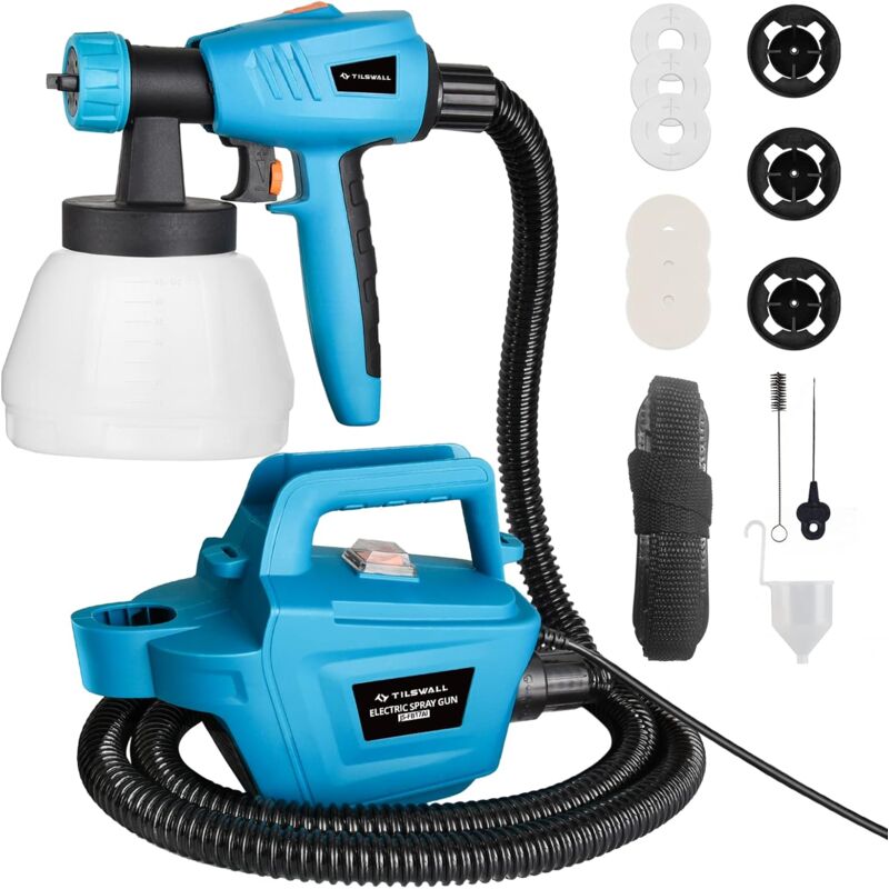 foto del prodotto tilswall pistola per verniciatura da 800 w con serbatoio rimovibile da 1300 ml, potenza max. 1200 ml min, 3 tipi di spruzzo, 3 dimensioni di ugello