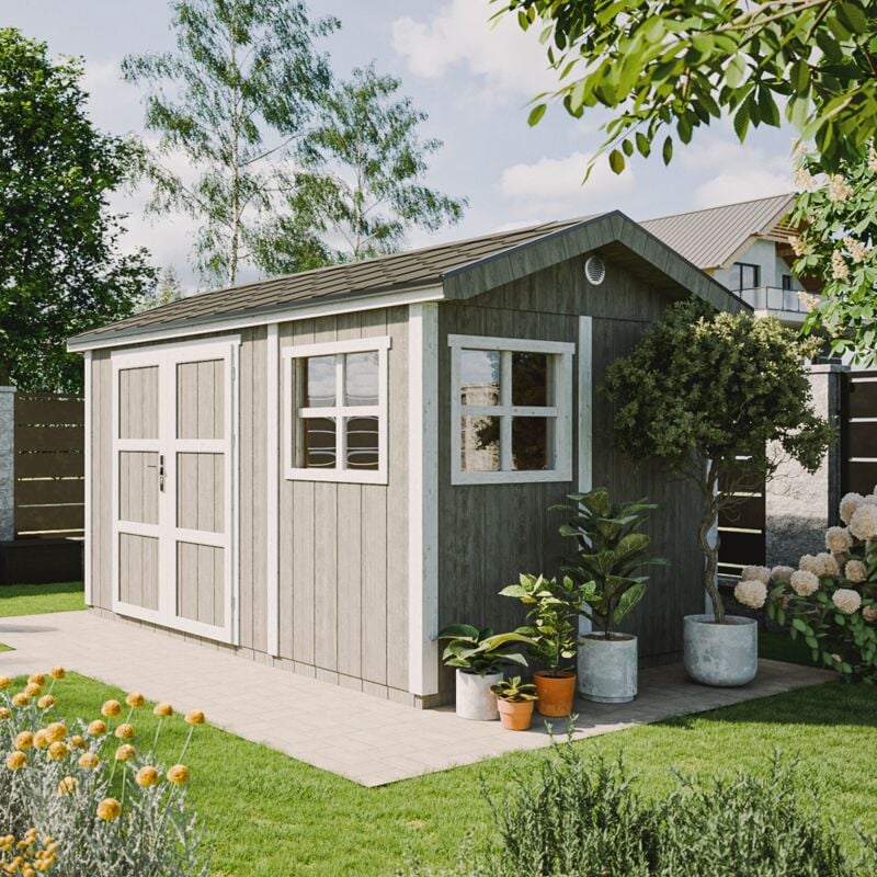 foto del prodotto timbela casetta da giardino di qualit premium 8,68 m h252x250x412 cm costruzione in pannelli lp smartside con pavimento e tegole bituminose