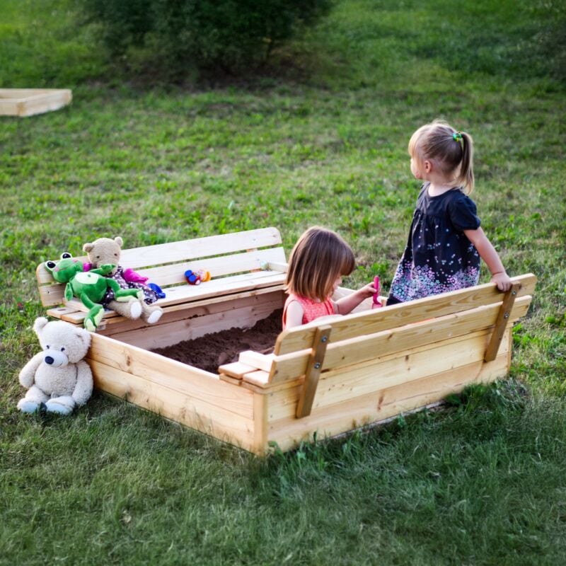 foto del prodotto timbela sabbiera in legno con coperchio pieghevole e panca 118 x 122 x h20, recinto di sabbia con coperchio, sabbiera per bambini, recinto di