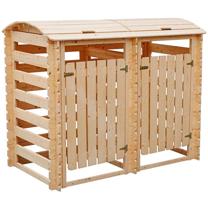 foto del prodotto timbela tettoia doppia in legno con ante con serratura, casetta da giardino per lo stoccaggio di 2 contenitori standard da 240 litri 180 cm x 97 cm