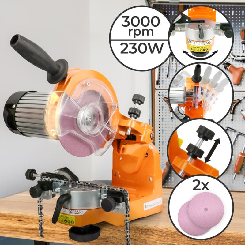 foto del prodotto timbertech affilacatene per motosega 2 mole 145 mm con spessore di 3,2 mm e 4,7 mm, 3000 giri min, 230 w, da parete o banco di lavoro