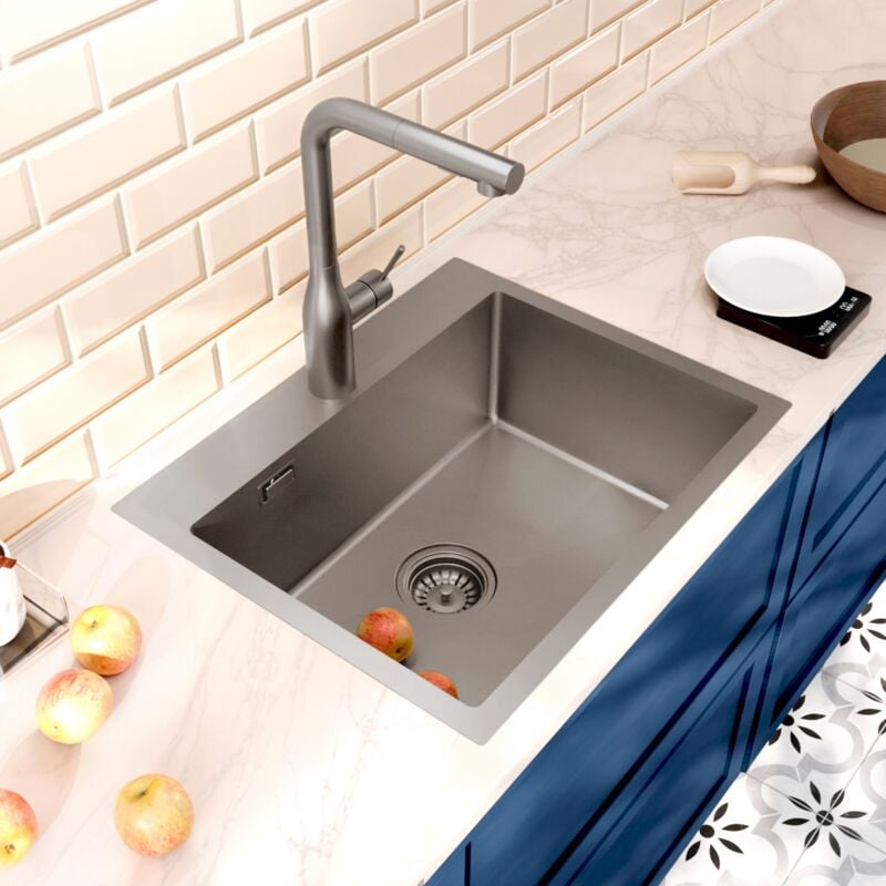 foto del prodotto timeless lavello da cucina in acciaio inox 304, 1 vasca, 55x45x21 cm, pvd gun metal spazzolato ceramia