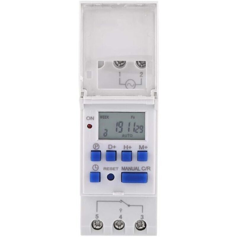 foto del prodotto timer digitale programmabile con display lcd, interruttore orario settimanale programmabile, relè orario 16on e 16off 12v