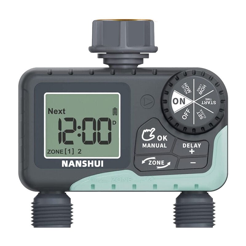foto del prodotto timer per irrigazione a 2 vie, funzione manuale, automatica e veloce, semplice da usare, con display lcd, tempo di irrigazione flessibile per