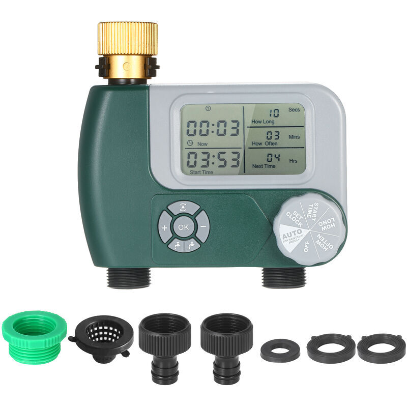 foto del prodotto timer per rubinetto del tubo flessibile digitale programmabile, alimentato a batteria, regolatore automatico di irrigazione con 2 uscite per piante