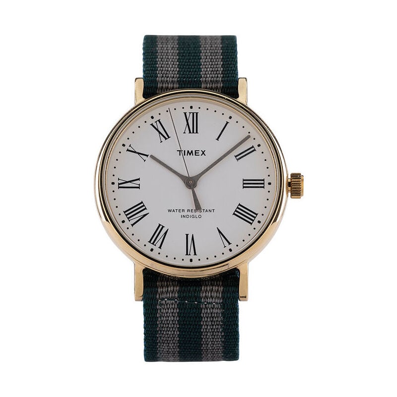foto del prodotto timex orologio al quarzo fairfield avenue con quadrante in ottone case oro 37 mm cinturino reversibile blu bianco rosso verde bianco