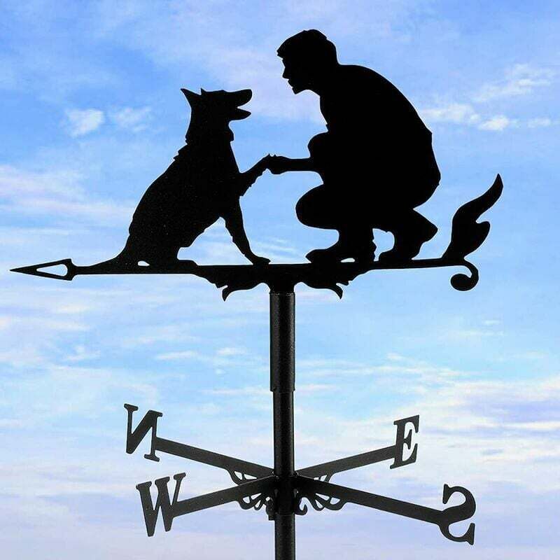 foto del prodotto tinor lablanc banderuola con indicatore di direzione del vento, uomo e cane, design intagliato cavo in acciaio inox, direzione del vento, nero,