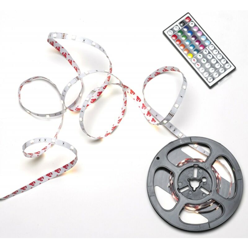 foto del prodotto tira led multicolor rgb con mando adhesiva con 150 leds 36 w 12 v. 850 lumenes luz multicolor ip 20 5 metros