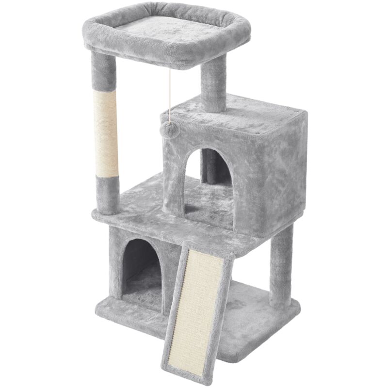 foto del prodotto tiragraffi albero per gatti alto 106 cm con trespolo grande,cucce,pompon,graffiatoi,scala gioco grigio chiaro yaheetech
