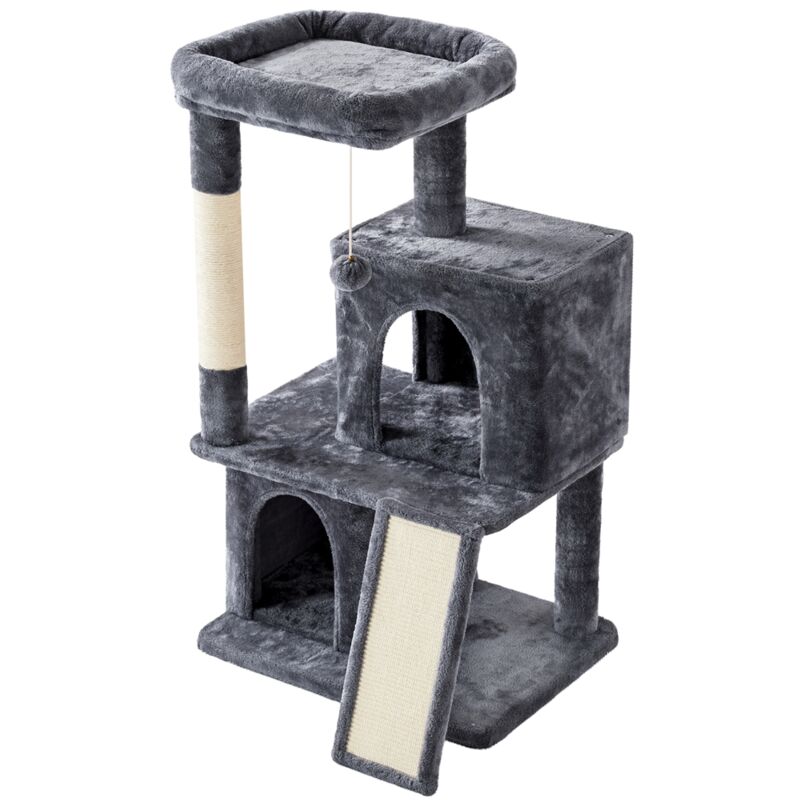 foto del prodotto tiragraffi albero per gatti alto 106 cm con trespolo grande,cucce,pompon,graffiatoi,scala gioco grigio scuro yaheetech