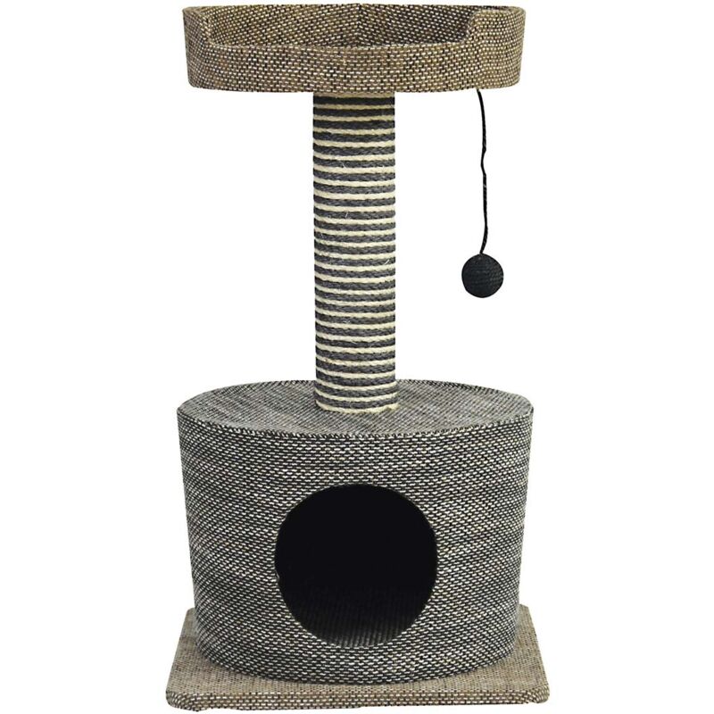 foto del prodotto tiragraffi elegante con colonna e cuccia con gioco pendente per gatti
