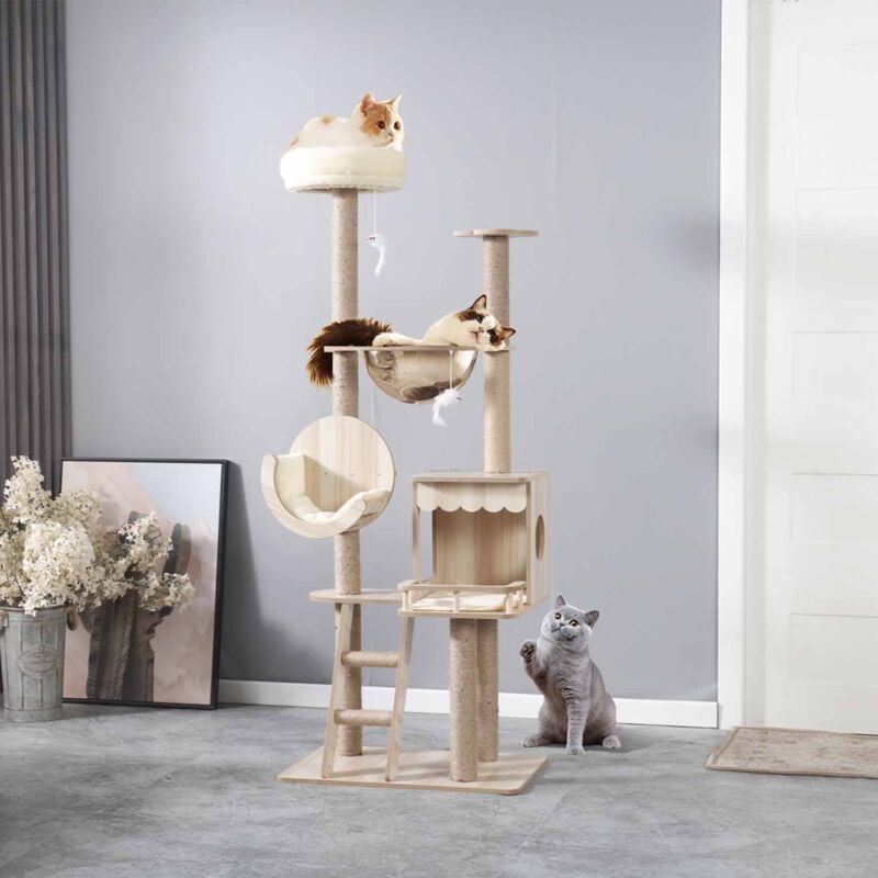 foto del prodotto tiragraffi per gatti, 155 cm, stabile, multilivello, torre di arrampicata, alberi per attivit , con 4 pali in sisal, 4 nidi per gatti, gattino, 60 x