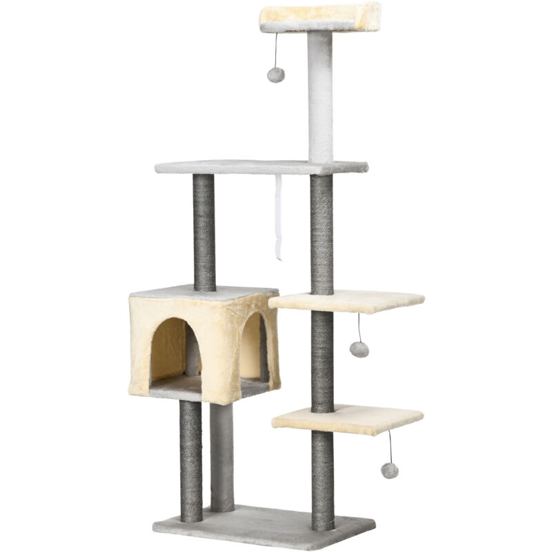 foto del prodotto tiragraffi per gatti alto 156cm con casetta, lettino e pali in sisal pawhut