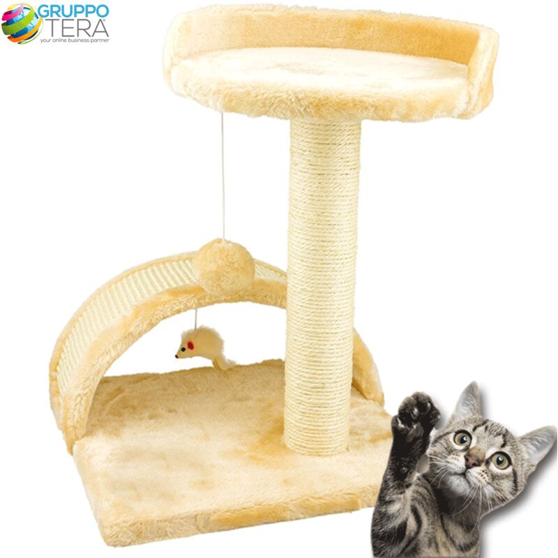 foto del prodotto tiragraffi per gatti beige con gioco pallina palo 50cm topolino tunnel soffice