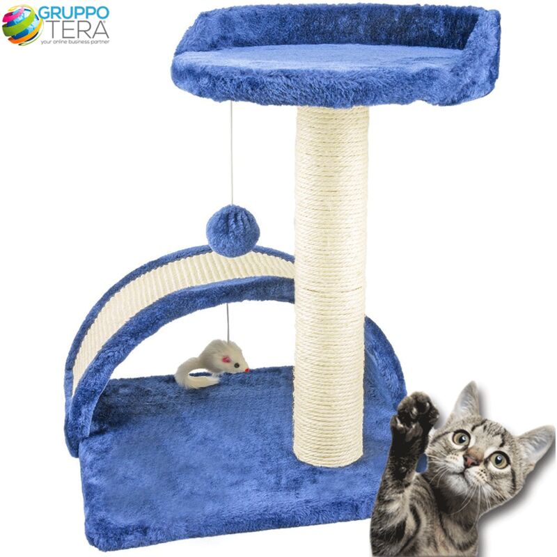 foto del prodotto tiragraffi per gatti blu con gioco pallina palo 50cm topolino tunnel soffice