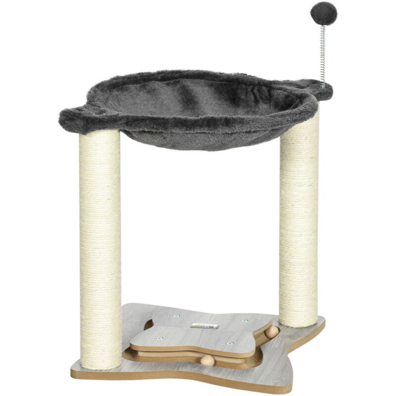 foto del prodotto tiragraffi per gatti con amaca in peluche, base in legno con gioco e pali in sisal, 53.55x53.5x66cm, grigio