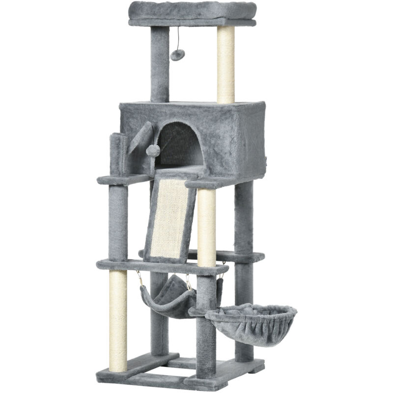 foto del prodotto tiragraffi per gatti con casetta, pali in sisal, lettino e amache - pawhut