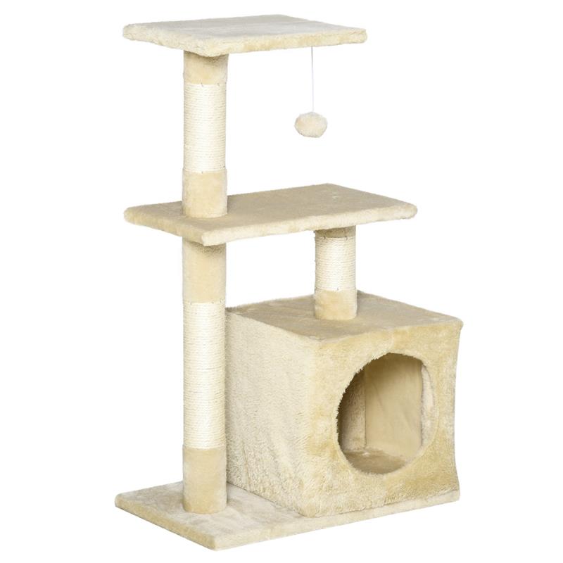 foto del prodotto tiragraffi per gatti con cuccia pallina e pali in corda sisal beige