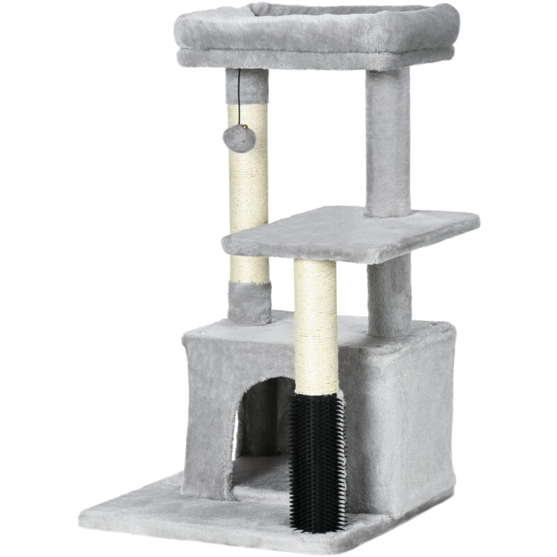 foto del prodotto tiragraffi per gatti con lettino e casetta rivestimento in peluche grigio pawhut