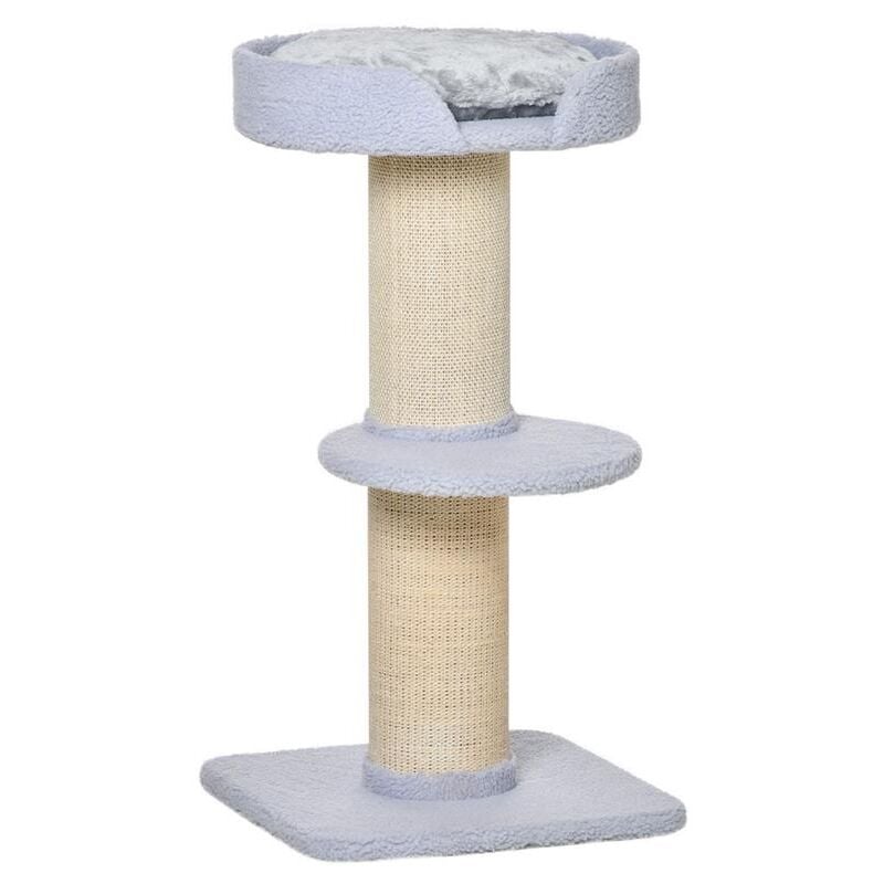 foto del prodotto tiragraffi per gatti con lettino. rivestimento peluche e palo in sisal. 45x45x91cm. azzurro
