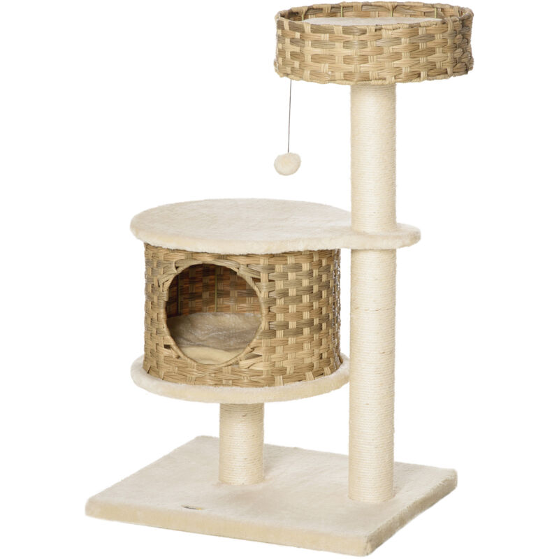 foto del prodotto tiragraffi per gatti da 98cm con casetta e cuccia in rattan e pali sisal pawhut