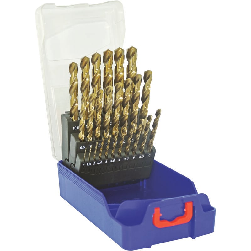 foto del prodotto tivoly box g 25pz punte hss e5, taglio cilindrico corto rettificato. punto incrociato. contiene da 1 a 13 mm per 1 2 mm