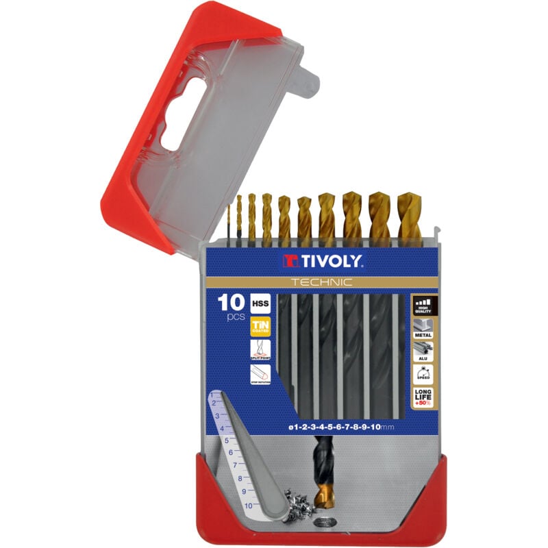 foto del prodotto tivoly confezione da 10 punte per metallo hss steam rivestite tin, taglio rettificato, punta a croce, gambo con 3 superfici, da 1 a 10 mm