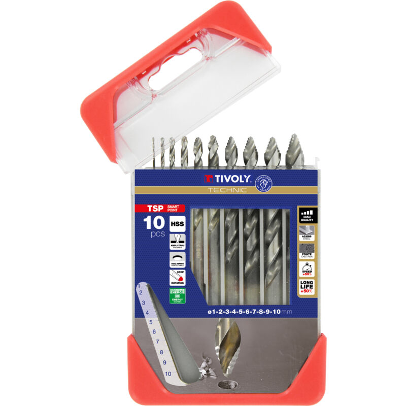 foto del prodotto tivoly confezione da 10 punte per metallo tsp hss con taglio rettificato e affilatura smart point da 1 a 10 mm