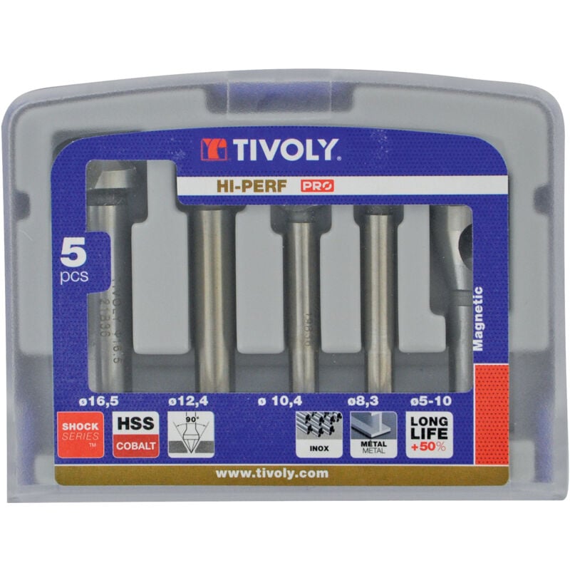 foto del prodotto tivoly confezione da 4 svasatori din 335c hss cobalto 5 a 90 da 8,3 a 16,5 mm 1 fresa per sbavatura 5 10