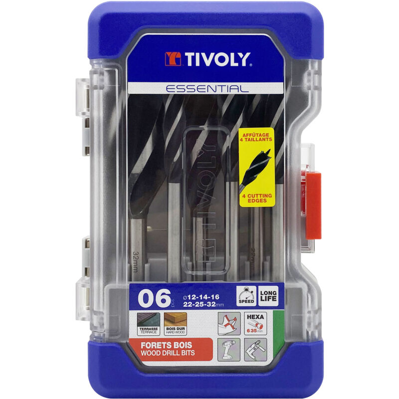 foto del prodotto tivoly confezione da 6 punte per legno a 4 taglienti gambo esagonale da 12 a 32 mm