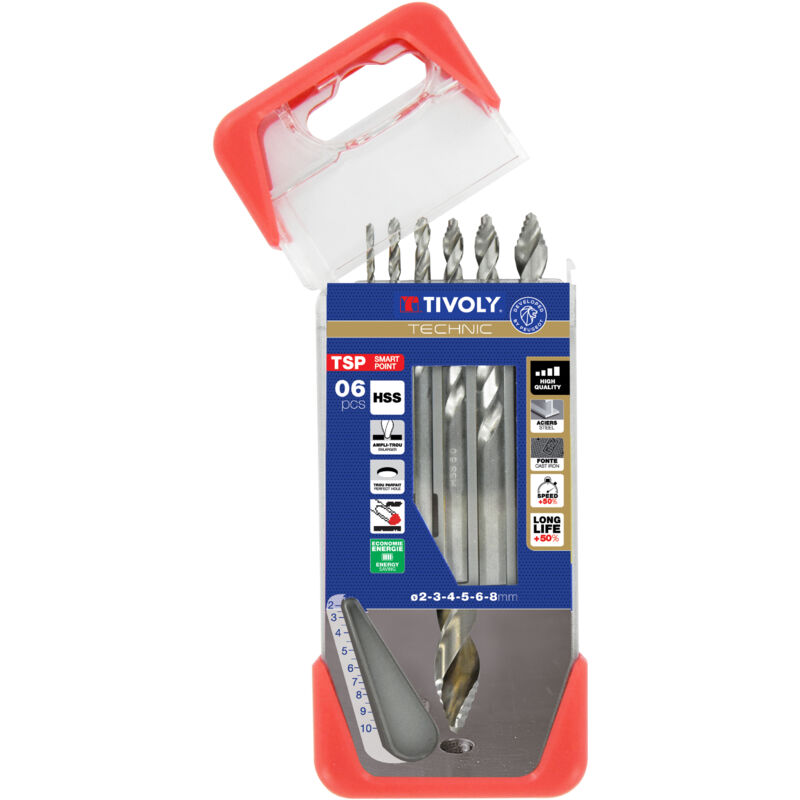 foto del prodotto tivoly confezione da 6 punte per metallo tsp hss taglio rettificato affilatura smart point da 1 a 8 mm