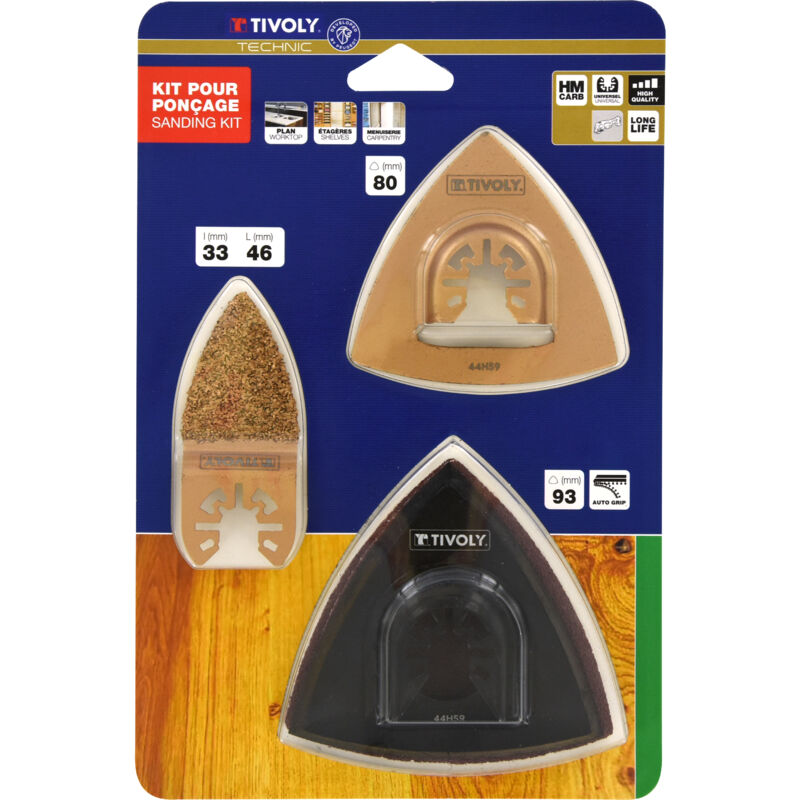 foto del prodotto tivoly kit 3 pezzi lame oscillanti per multi tool per levigatura