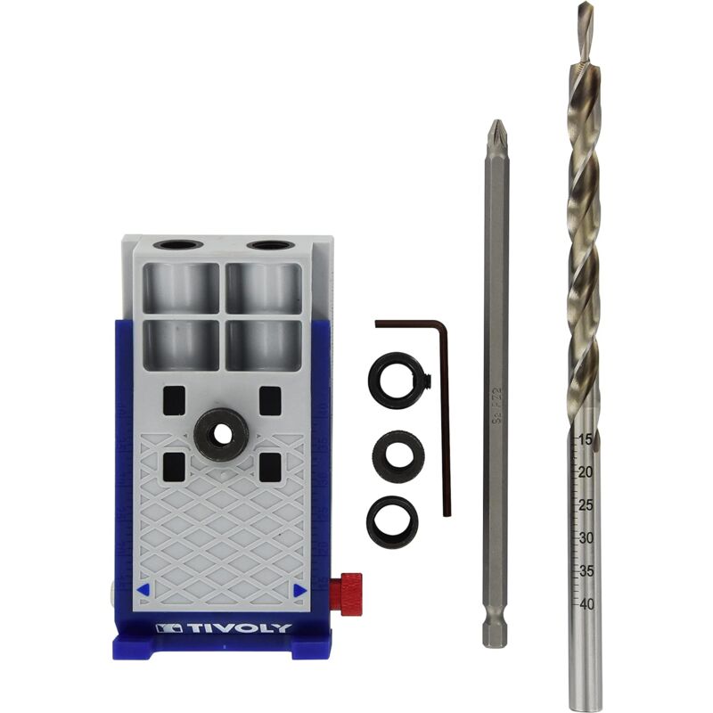 foto del prodotto tivoly kit assemblaggio invisibile 8pz, con guida angolare 15 , punta a gradino 9,5x200mm, punta a vite pz2 lg 150mm