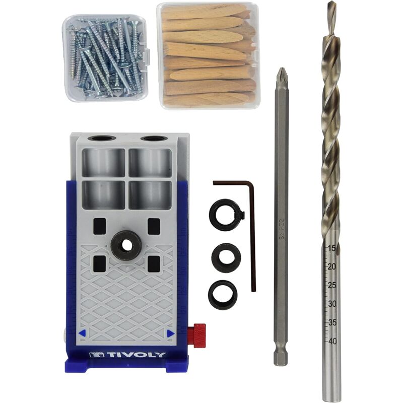 foto del prodotto tivoly kit di montaggio invisibile da 68 pezzi, con guida angolare da 15 , punta a gradino 9,5x200 mm, punta per vite pz2 lg 150 mm, 30 tasselli,