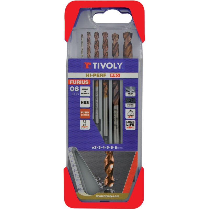 foto del prodotto tivoly pro box 6 pezzi 6 punte per metallo hss da 2mm a 8mm lunga durata prodotto in francia per la lavorazione di acciai resistenti
