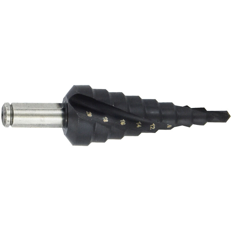 foto del prodotto tivoly punta conica a gradini hss autocentrante scanalature elicoidali da 4mm a 20mm lunga durata 3 codoli piatti per la lavorazione di