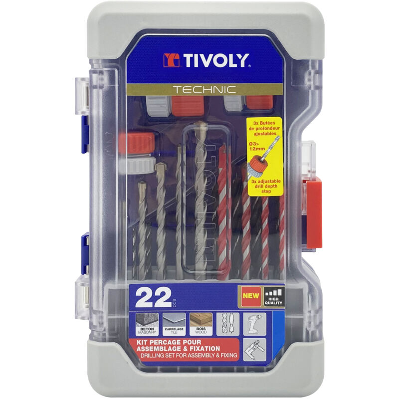 foto del prodotto tivoly ranger box 22pz, punte per piastrelle, cemento, legno e 3 stop di profondit per punte da 3 a 12mm