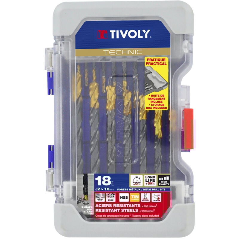 foto del prodotto tivoly ranger scatola da 18 punte technic hss steam tin metal contenenti da 2 a 10 mm