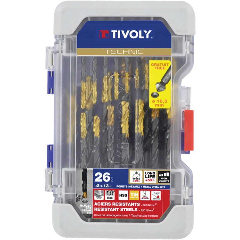 foto del prodotto tivoly ranger scatola da 26 punte technic hss steam tin metal contenenti da 2 a 13mm