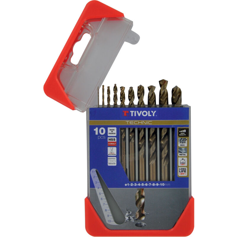 foto del prodotto tivoly scatola da 10 punte technic metallo cobalto graduate contenenti 1 2 3 4 5 6 7 8 9 10mm